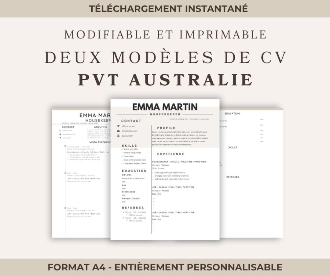 Australia Cv Pattern Australian CV Template | 2 Editable Canva Templates | Working Holiday ...