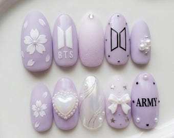 Lavendel Drücken Auf den Nägeln Kirschblüte Perlen Herz Kpop Handgefertigte Nagel-Set