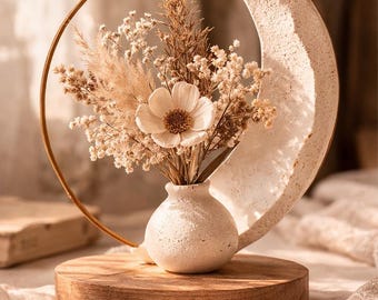 Boho Crescent Moon Vase with Dried Flowers, Rustic Neutral Home Decor