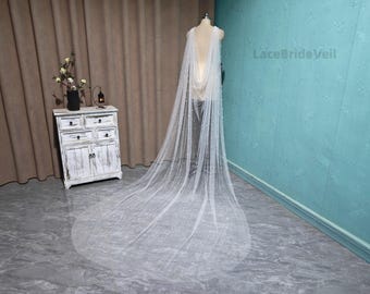 Pearl Cathedral bruids cape sluier, pure tule bruiloft cape met parelkralen, lange sleep backless bruiloft cover-up
