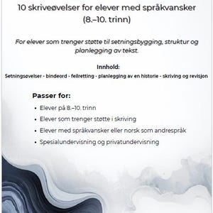 Puede incluir: Un folleto educativo noruego blanco y azul titulado "Skrivehefte: Lær å skrive en god historie". Está dirigido a estudiantes con dificultades lingüísticas e incluye ejercicios de escritura. La autora es Anja Carolina Beijar.