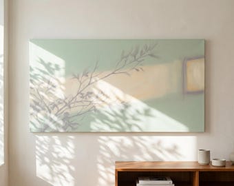 Fresh Mint Green Bare Branches Acrylic Painting | Warm Light Band Canvas Art | Minimalist Botanical Wall Decor | Serene Horizontal Art