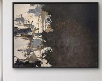 Wabi Sabi Abstract Oil Painting, Black & Beige Gray Gold Textured Acrylic Art, Industrial Neutral Wall Decor, Modern Organic Living Room Art