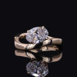 Curved Wave Band Solitaire Ring: 1.50/2.50/3.50 Carat Oval Cut Moissanite Ring, Elegant East West Set Wedding Ring, Bridal Stacking Jewelry