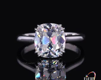 Solitaire 2/3/4 Carat Old Mine Cushion Cut Moissanite Bridal Ring, Double Claw Prong Cathedral Set Ring, Sterling Silver Anniversary Ring