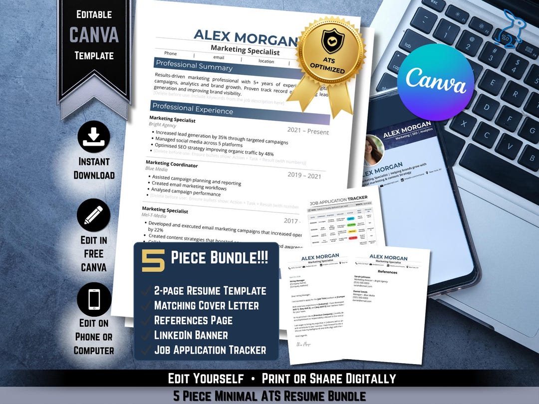 ATS Resume Template Bundle Canva | CV, Cover Letter, References Page ...