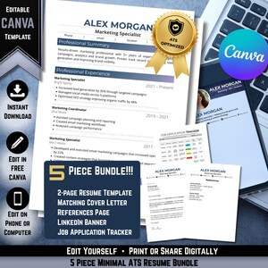 Op de afbeelding: Een professionele cv-sjabloonbundel met een cv van 2 pagina's, sollicitatiebrief, referentiepagina, LinkedIn-banner en sollicitatietracker. Het cv is ATS-geoptimaliseerd en bevat de tekst "Edit Yourself" en "Canva".