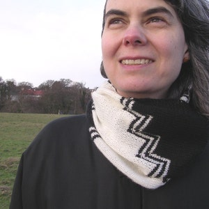 May include: A woman with gray hair is wearing a black and white knit scarf. The scarf has a zig-zag pattern.