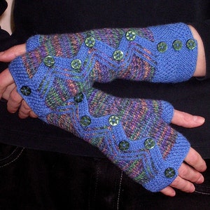 May include: A pair of blue and green fingerless gloves with a zig-zag pattern and green buttons.