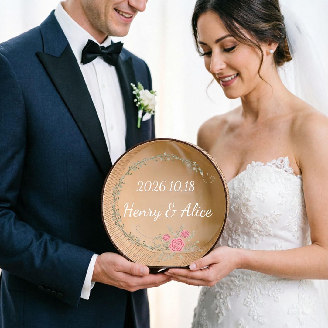 Personalized Floral Wooden Wedding Card Boxs Custom Names Date Round ...