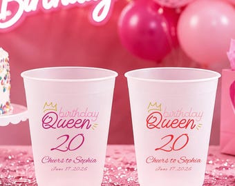 Birthday Queen Custom Frosted Cups, Personalized Birthday Party Cups, Custom Name & Age Cups, Birthday Party Favor, Reusable Plastic Cups