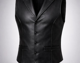 Handcrafted Black Sheepskin Leather Vest – Formal Biker Style with Steampunk Inspired Design