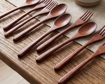 Japanese-style wooden cutlery set, 10-piece spoon and fork combination, handmade, natural and reusable