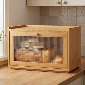 May include: A wooden bread box with a clear, textured glass door, showcasing loaves of bread inside. The box has a small wooden knob and sits on a wooden countertop. A small potted plant and a mug are visible in the background.