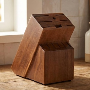 May include: A wooden knife block with a slanted design. The block is made of dark brown wood and features slots for various knife sizes. It sits on a wooden surface, with a window and kitchenware in the background. A stylish and functional kitchen accessory.