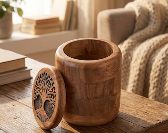 Acacia wood Tree of Life carved lidded jar for storing dry food