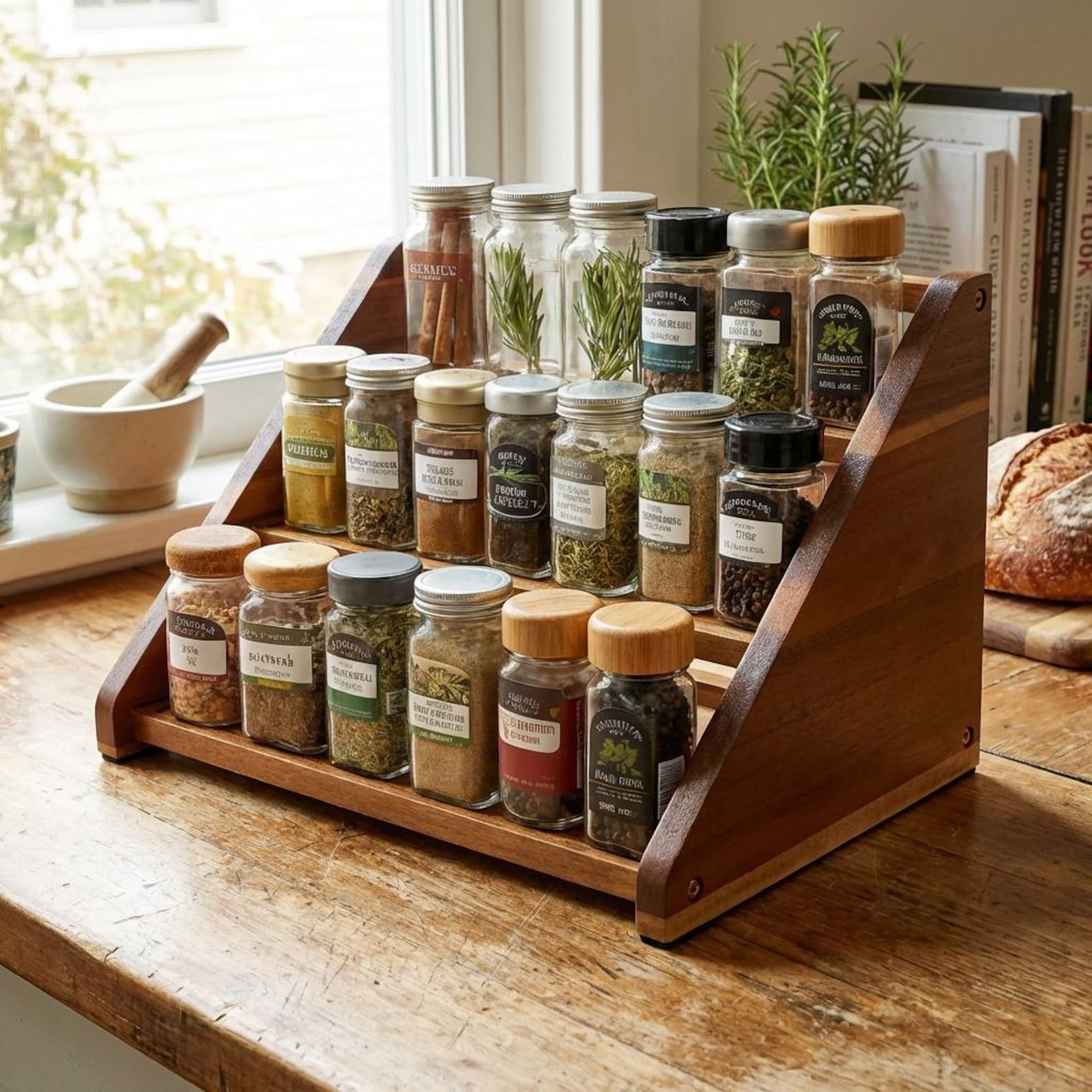Acacia wood three-tier spice rack, can be used as a countertop or cabinet
