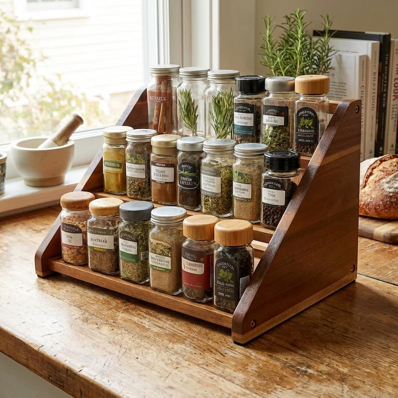 Acacia wood three-tier spice rack, can be used as a countertop or cabinet