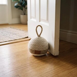 May include: A spherical doorstop crafted from coiled beige and white rope, featuring a matching rope handle at the top and a small, rectangular brown leather-like patch centered on the lower portion of the exterior surface.