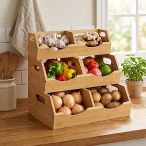 May include: A three-tiered bamboo storage unit filled with fresh produce. The top level holds garlic and ginger, the middle level has bell peppers and apples, and the bottom level contains onions and potatoes. The unit is on a wooden countertop.