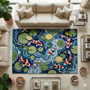 Pode incluir: Um tapete retangular com uma cena de lagoa com carpas koi, nenúfares e flores de lótus. O tapete tem um fundo azul com detalhes em branco, vermelho e verde. O tapete está colocado numa sala de estar.