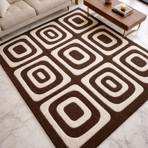 Hand Tufted Wool Rug Mid Century Modern Brown and Cream Geometric Area Rug Retro Design Living Room Decor 5x8 Custom Size Available