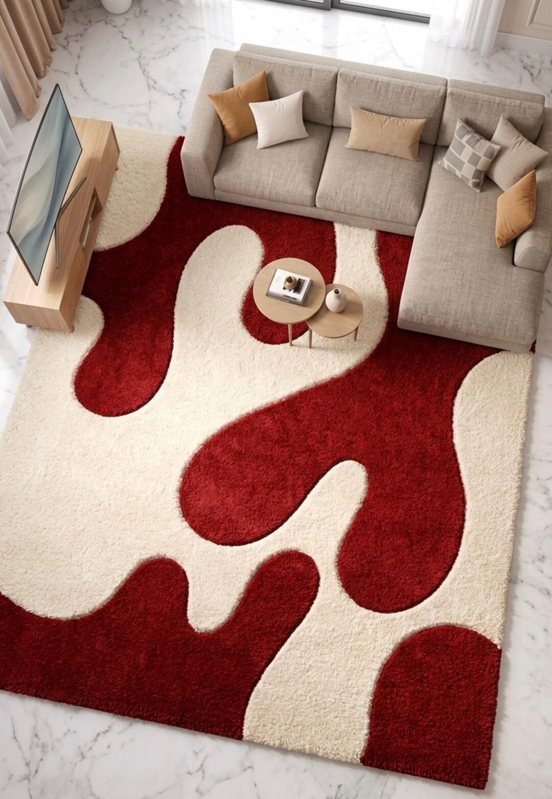 Hand Tufted Wool Rug, Red Cream Abstract Modern Area Carpet - Etsy