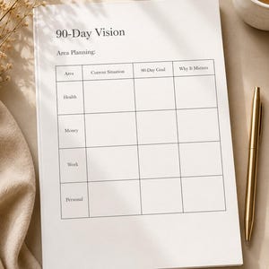 Puede incluir: Una p&aacute;gina de planificador de papel blanco titulada 90-Day Vision con una tabla de Area Planning. La cuadr&iacute;cula incluye columnas para Area, Current Situation, 90-Day Goal y Why It Matters, con filas para Health, Money, Work y Personal.