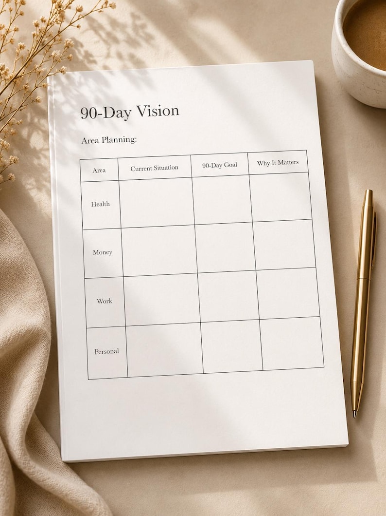Puede incluir: Una p&aacute;gina de planificador de papel blanco titulada 90-Day Vision con una tabla de Area Planning. La cuadr&iacute;cula incluye columnas para Area, Current Situation, 90-Day Goal y Why It Matters, con filas para Health, Money, Work y Personal.