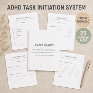 Sistema de inicio de tareas para el TDAH, cuaderno de trabajo imprimible de 25 páginas sobre disfunción ejecutiva, empieza tareas y vence la procrastinación (PDF).