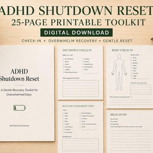ADHD Shutdown Reset Toolkit, Executive Dysfunction Worksheets, Overwhelm Recovery Planner, Nervous System Reset Printable PDF