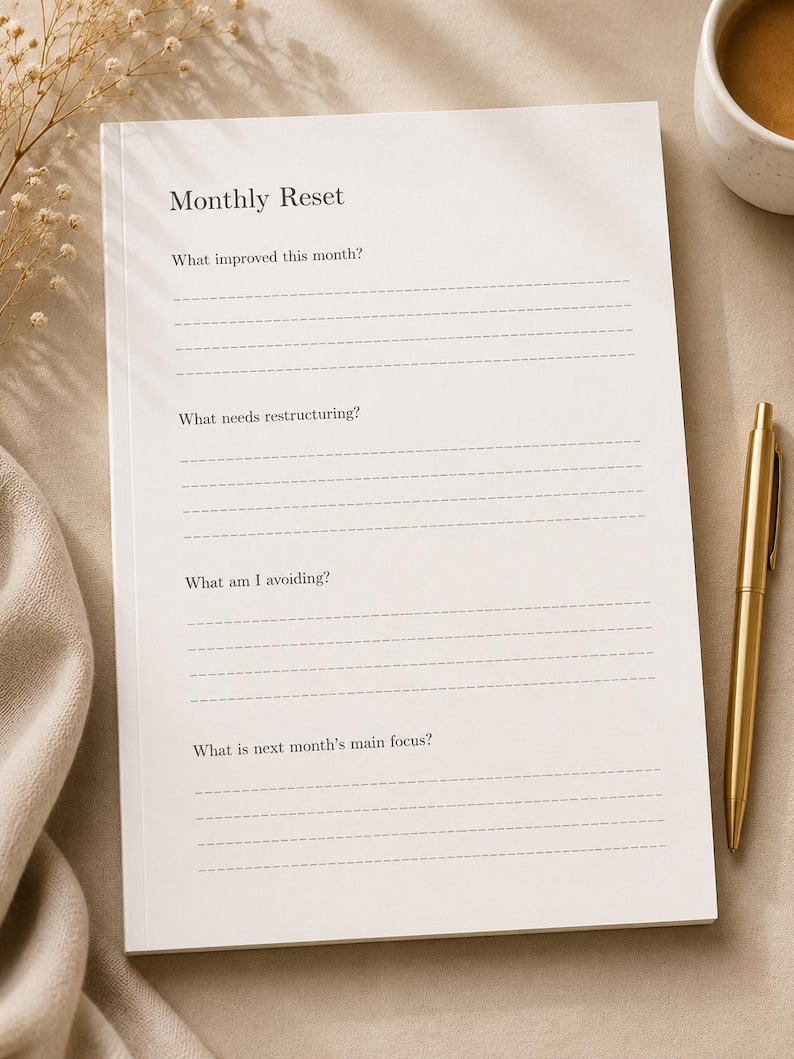 Puede incluir: Un bloc de notas de papel blanco titulado Monthly Reset con cuatro secciones que incluyen l&iacute;neas discontinuas para escribir. Las preguntas son What improved this month?, What needs restructuring?, What am I avoiding? y What is next month's main focus?