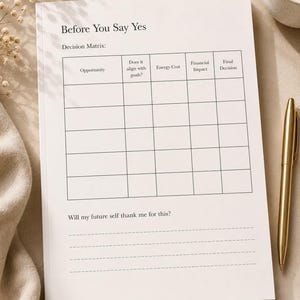 Puede incluir: Un bloc de notas de papel blanco con una matriz de decisi&oacute;n impresa titulada Before You Say Yes. La cuadr&iacute;cula incluye columnas para Opportunity, Does it align with goals?, Energy Cost, Financial Impact y Final Decision, con una pregunta.
