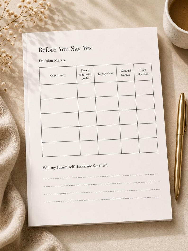 Puede incluir: Un bloc de notas de papel blanco con una matriz de decisi&oacute;n impresa titulada Before You Say Yes. La cuadr&iacute;cula incluye columnas para Opportunity, Does it align with goals?, Energy Cost, Financial Impact y Final Decision, con una pregunta.