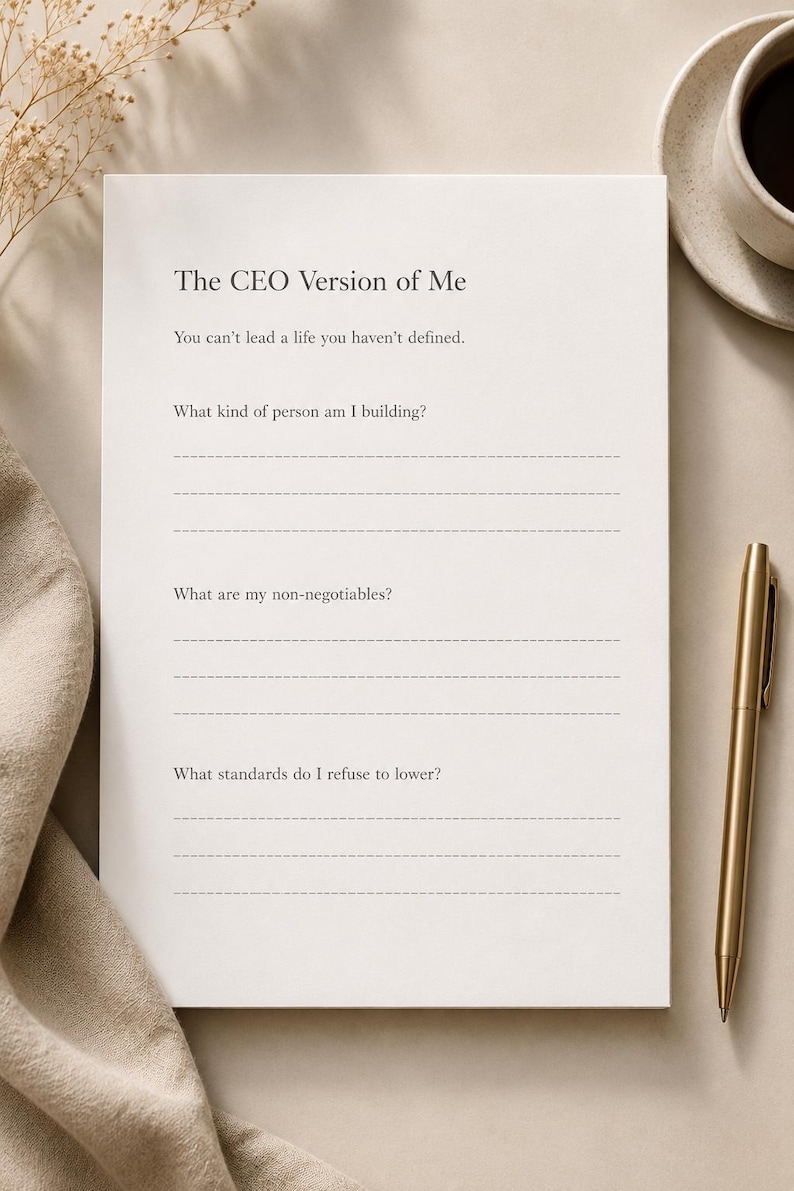 Puede incluir: Un bloc de notas de papel blanco con texto negro titulado The CEO Version of Me. Incluye las preguntas: You can't lead a life you haven't defined, What kind of person am I building?, What are my non-negotiables?, y What standards do I refuse to lower?
