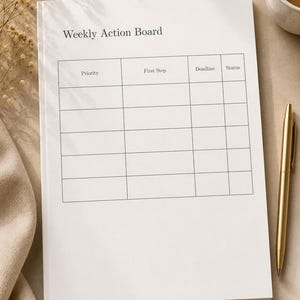 Puede incluir: Un planificador de papel blanco titulado Weekly Action Board con una cuadr&iacute;cula impresa que contiene columnas etiquetadas como Priority, First Step, Deadline y Status. El planificador est&aacute; colocado junto a un bol&iacute;grafo de metal dorado.