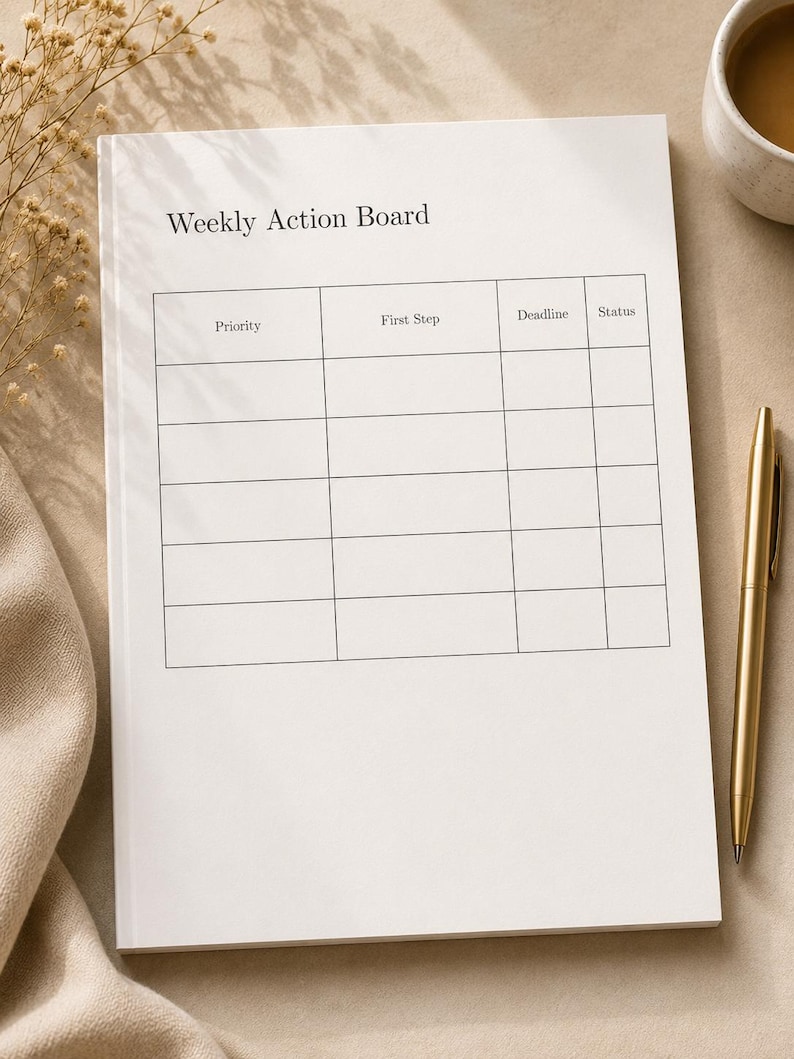 Puede incluir: Un planificador de papel blanco titulado Weekly Action Board con una cuadr&iacute;cula impresa que contiene columnas etiquetadas como Priority, First Step, Deadline y Status. El planificador est&aacute; colocado junto a un bol&iacute;grafo de metal dorado.