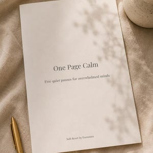 May include: A cream-colored notebook with the text "One Page Calm" and "Five quiet pauses for overwhelmed minds." A gold pen rests on the left, and a small vase with dried flowers is on the right. The background is a beige fabric.