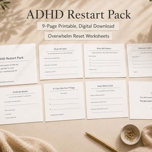 ADHD Restart Pack Printable, 7 Overwhelm Reset Worksheets, Executive Function Support, Digital Download