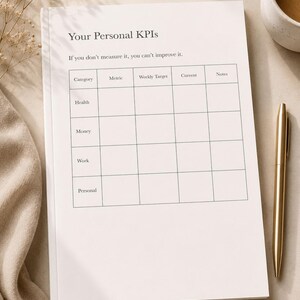 Puede incluir: Una p&aacute;gina de planificador de papel blanco titulada Your Personal KPIs con el subt&iacute;tulo If you don't measure it, you can't improve it. La p&aacute;gina presenta una cuadr&iacute;cula con columnas para Category, Metric, Weekly Target, Current y Notes, y filas para Health, Money, Work y Personal.