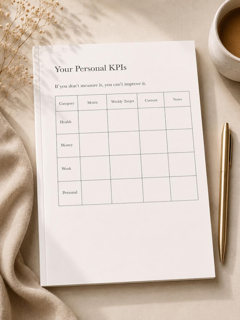 Puede incluir: Una p&aacute;gina de planificador de papel blanco titulada Your Personal KPIs con el subt&iacute;tulo If you don't measure it, you can't improve it. La p&aacute;gina presenta una cuadr&iacute;cula con columnas para Category, Metric, Weekly Target, Current y Notes, y filas para Health, Money, Work y Personal.