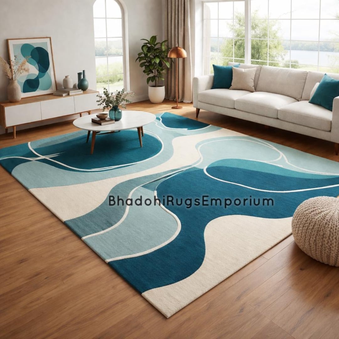 Hand Tufted 3D Abstract Rug Blue Teal Wool Area Rug Large Wavy Ocean ...