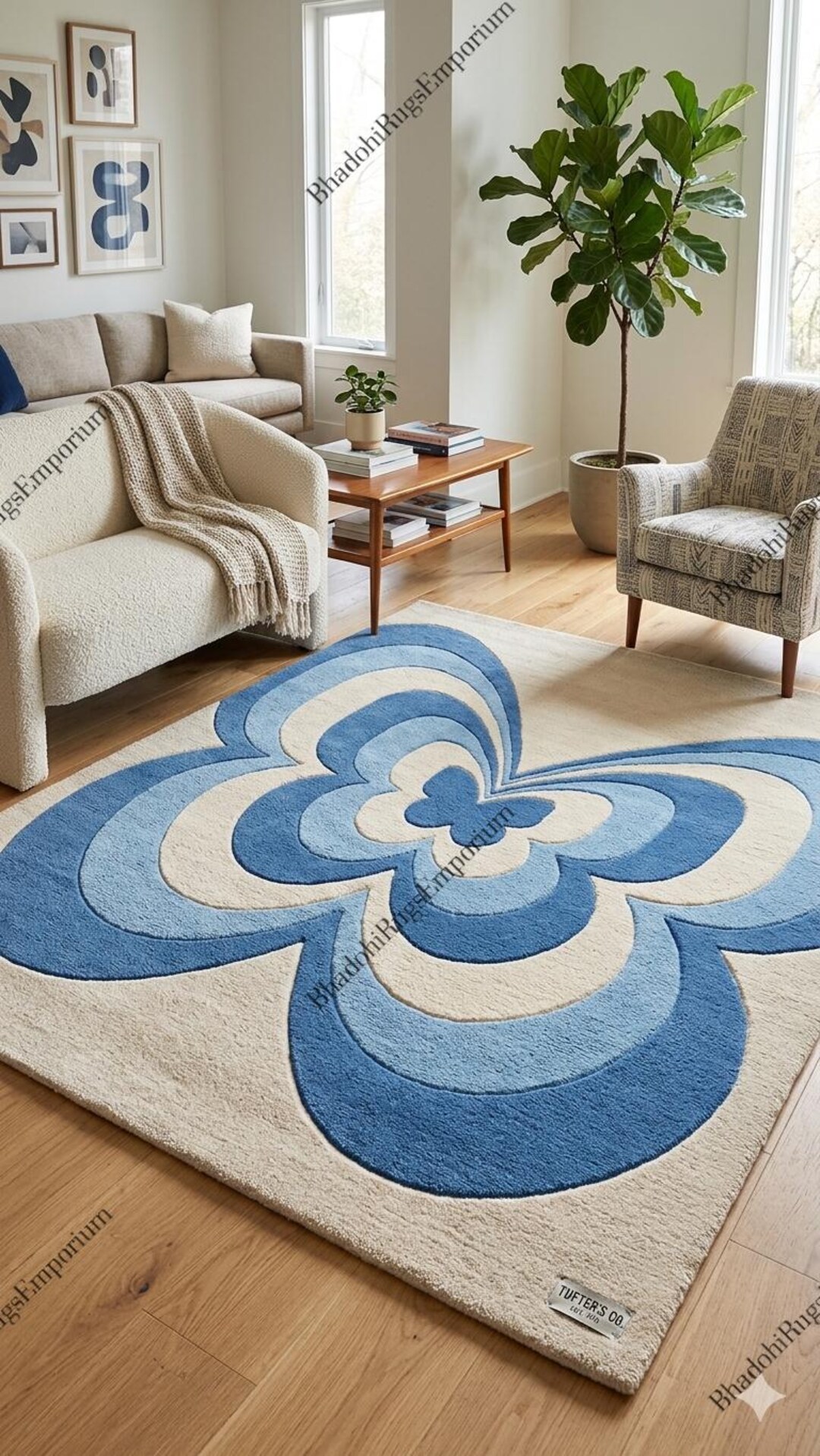 Modern Butterfly Hand Tufted Wool Rug Blue and Cream 3D Textured Area ...