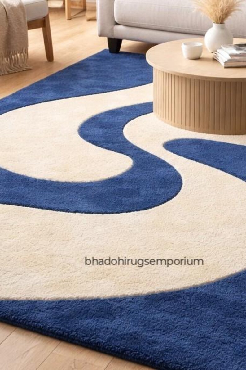 Modern Abstract Hand Tufted Wool Rug Navy Blue & Cream Wavy Pattern ...