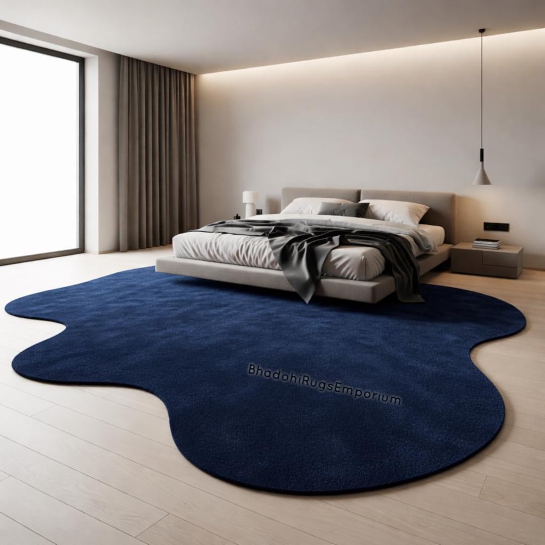 Hand Tufted Navy Blue Rug Large Irregular Shape Rug Wool Area Rug ...