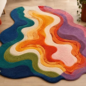 Hand Tufted Wool Carpet, Rainbow Wave Rug, Retro Modern Statement Floor Décor,Colorful Abstract Rug, Organic Shape Rug,