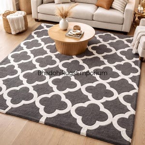 Hand Tufted Wool Rug Grey and White Quatrefoil Area Rug Modern Geometric Trellis Design Large Living Room Rug Minimalist Neutral Floor Mat