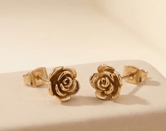 18K Gold Plated Rose Flower Stud Earrings, Tiny Rose Flower Earrings, Gold Rose Earrings, Floral Earrings, Everyday Earrings, Gift for her