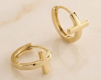 18K Gold Plated Tiny Cross Huggie Hoop, Gold Cross Earrings, Religious Earrings, Christmas Gift, Women Earrings, Mothers day gift