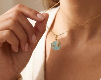 Gold Plated Enamel Earth Necklace, Planet Shape Necklace, Travel Necklace, Adventure Necklace, Everyday Necklace, Trend Gift